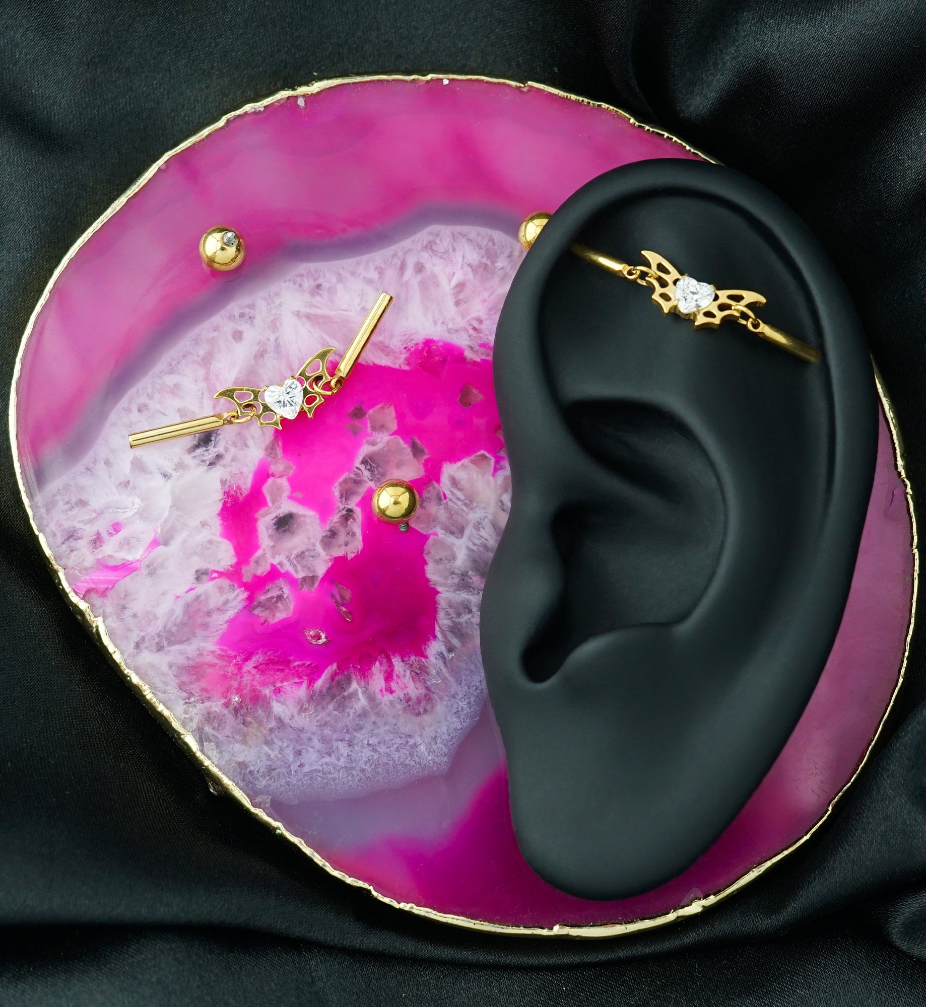 Gold PVD Bat Wing Heart Clear CZ Internally Threaded Titanium Industrial Barbell