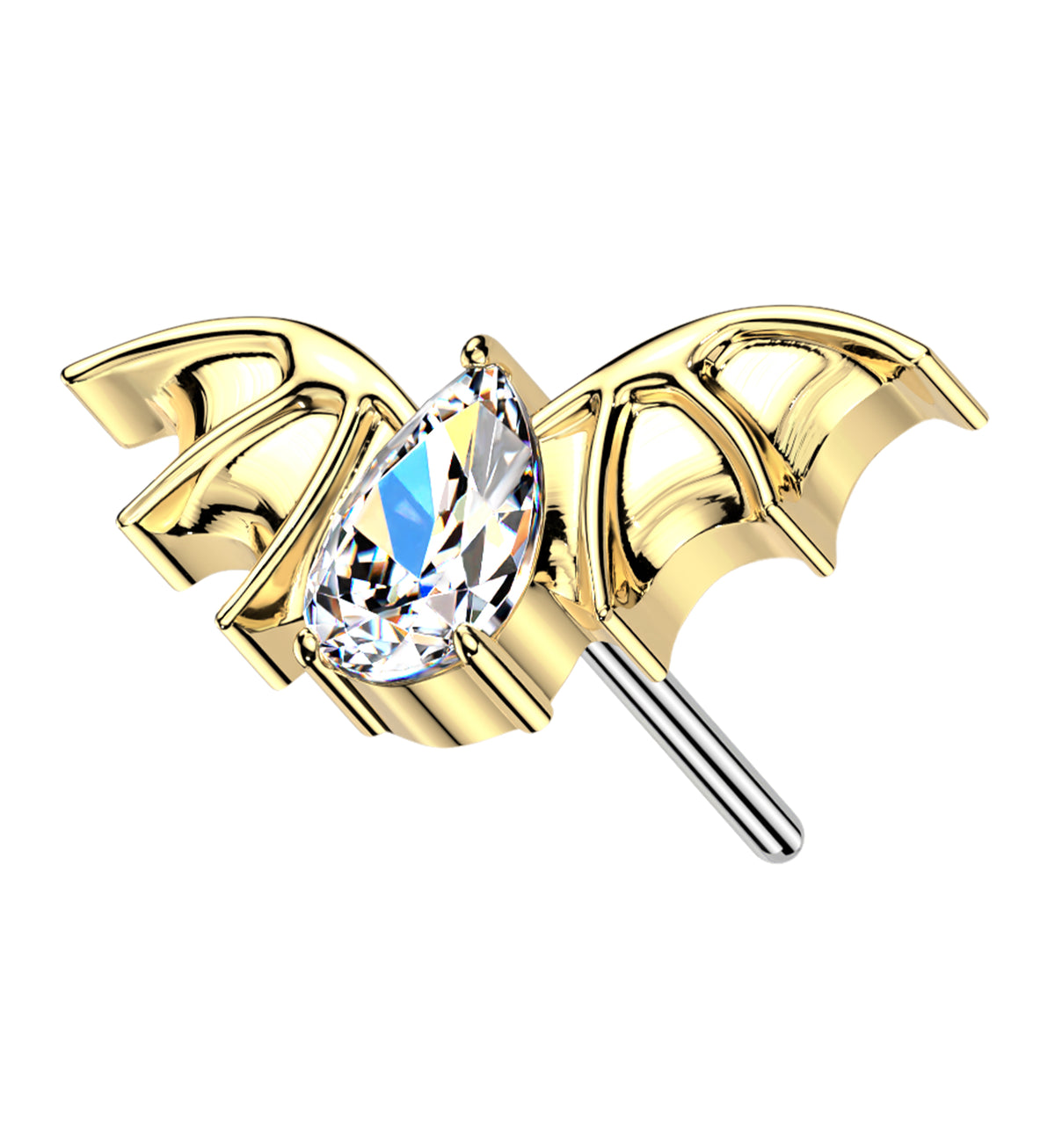 Gold PVD Bat Wings Teardrop Clear CZ Titanium Threadless Top by Urban Body Jewelry