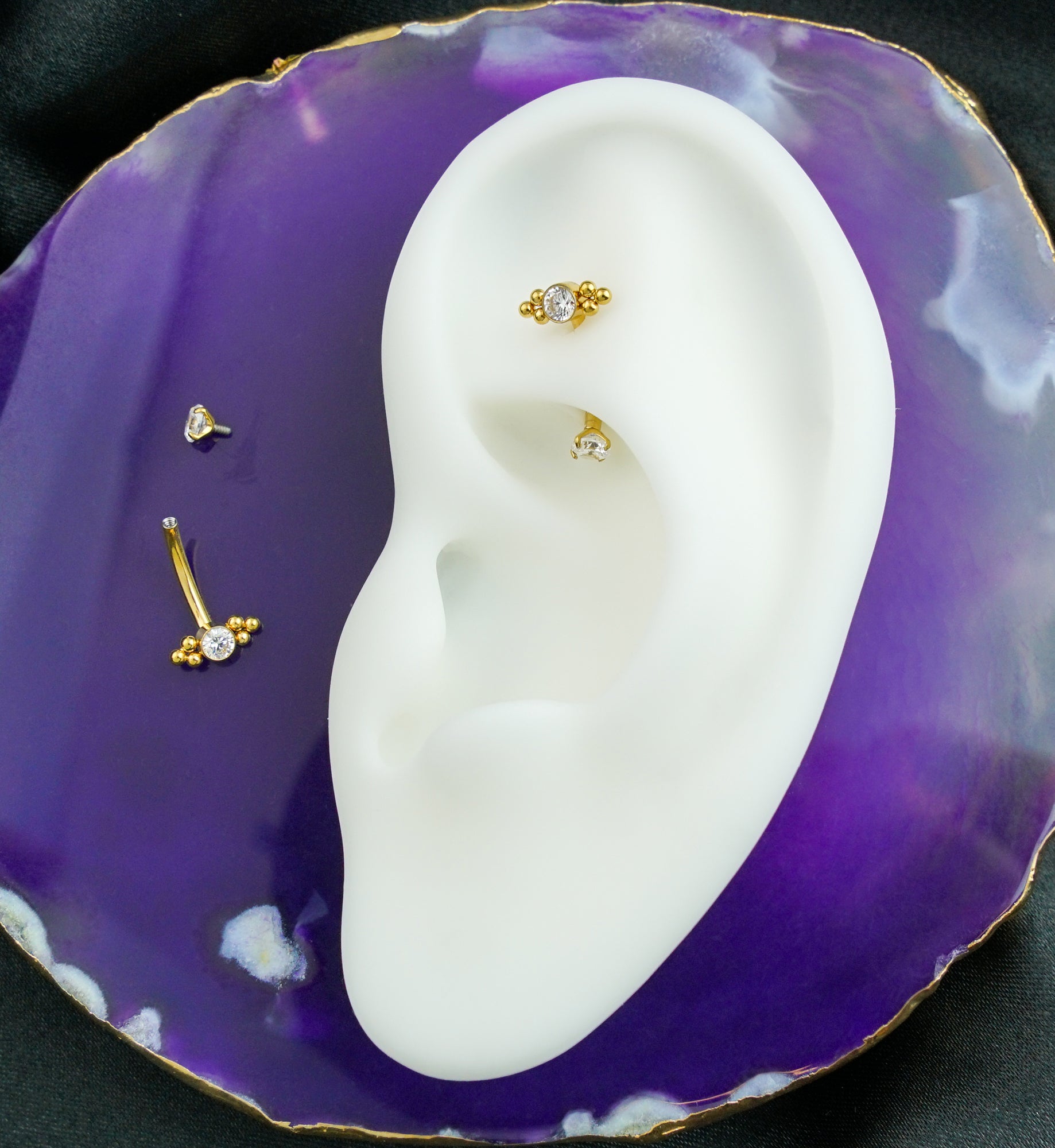 Gold PVD Beaded Bezel CZ Top With Prong CZ Bottom Internally Threaded Titanium Curved Barbell