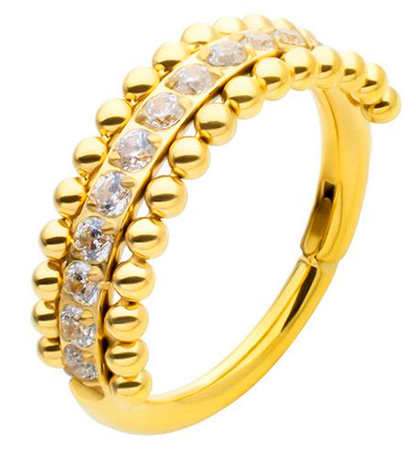 Gold PVD Beaded Center Row Clear CZ Stainless Steel Hinged Segment Ring