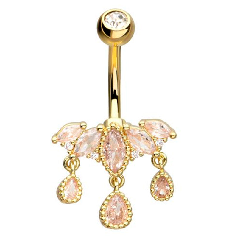 Gold PVD Beaded Chaplet Dangle Teardrop CZ Belly Button Ring