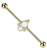 Gold PVD Beaded Double White Opalite Stainless Steel Industrial Barbell