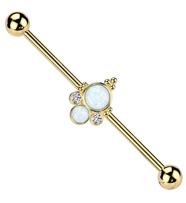 Gold PVD Beaded Double White Opalite Stainless Steel Industrial Barbell