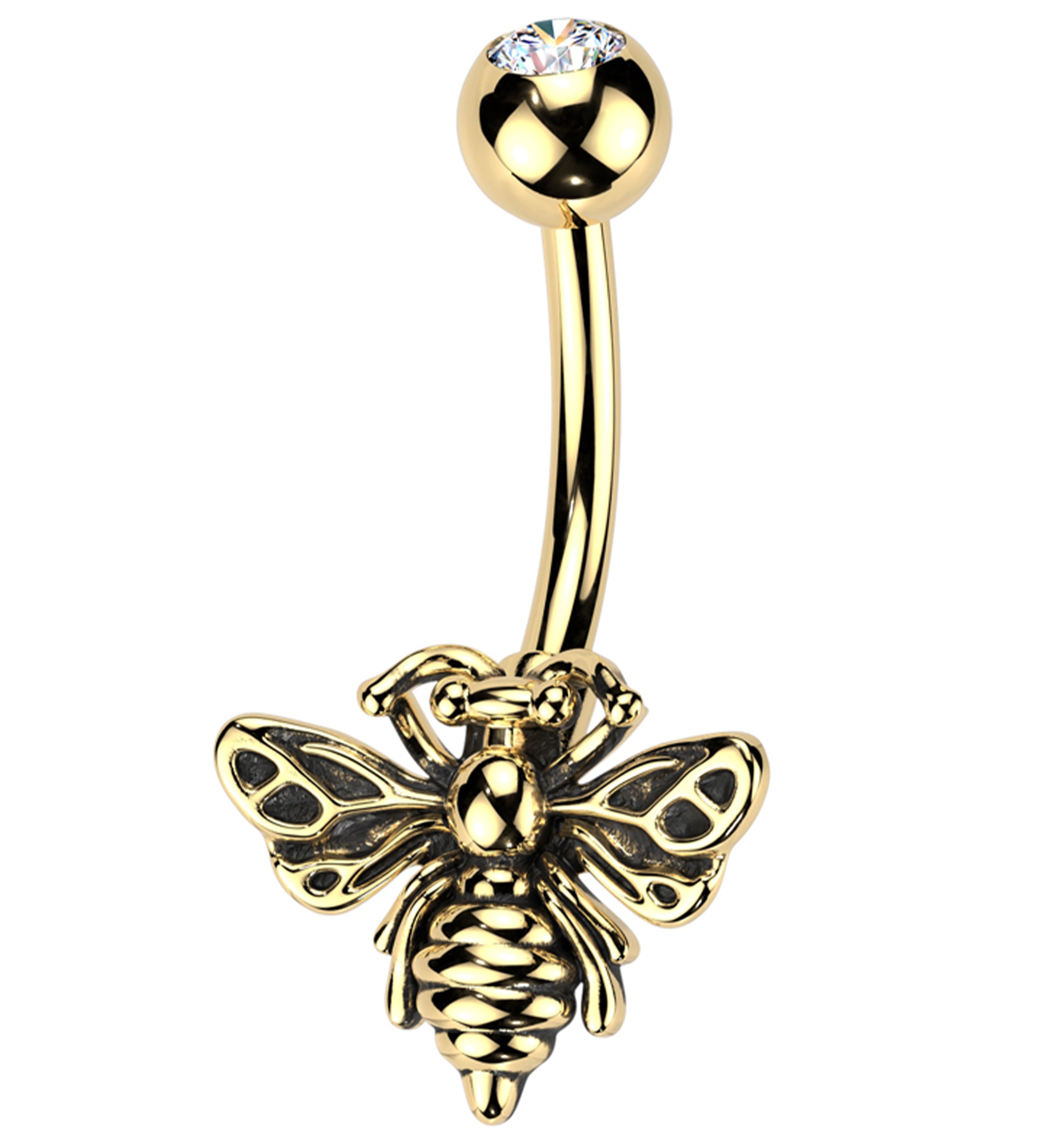 Gold PVD Bee Clear CZ Stainless Steel Belly Button Ring