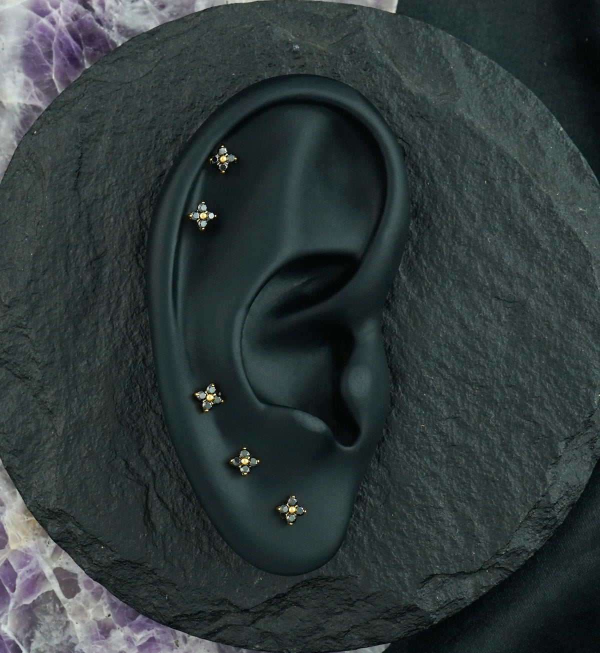 Gold PVD Blossom Black CZ Titanium Threadless Labret