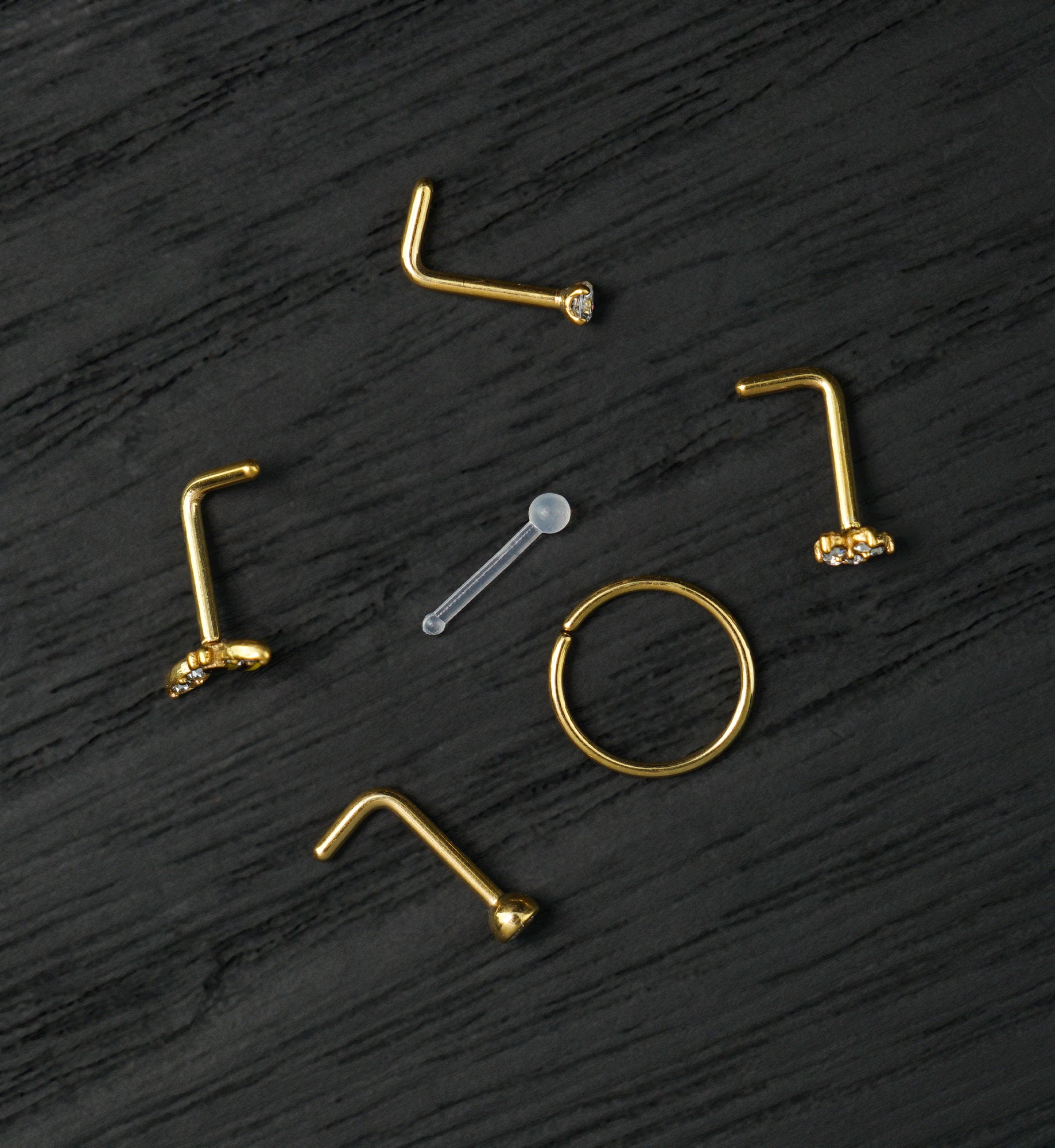 Gold PVD Blossom Clear CZ Stainless Steel L Bend/Stud/Hoop Variety Pack (6 Pack)