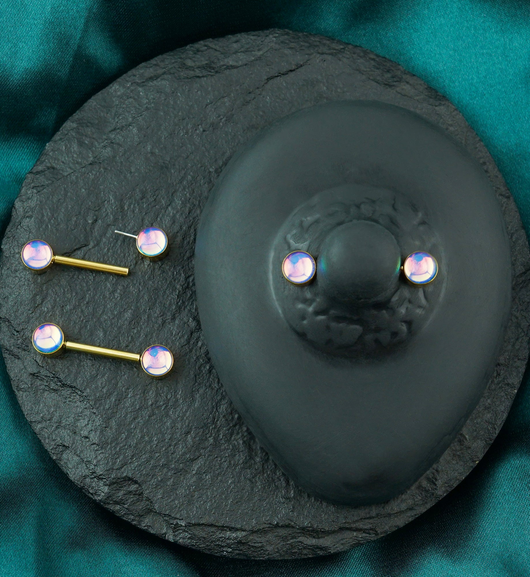 Gold PVD Blue Iridescent Gem Stainless Steel Nipple Ring Barbell