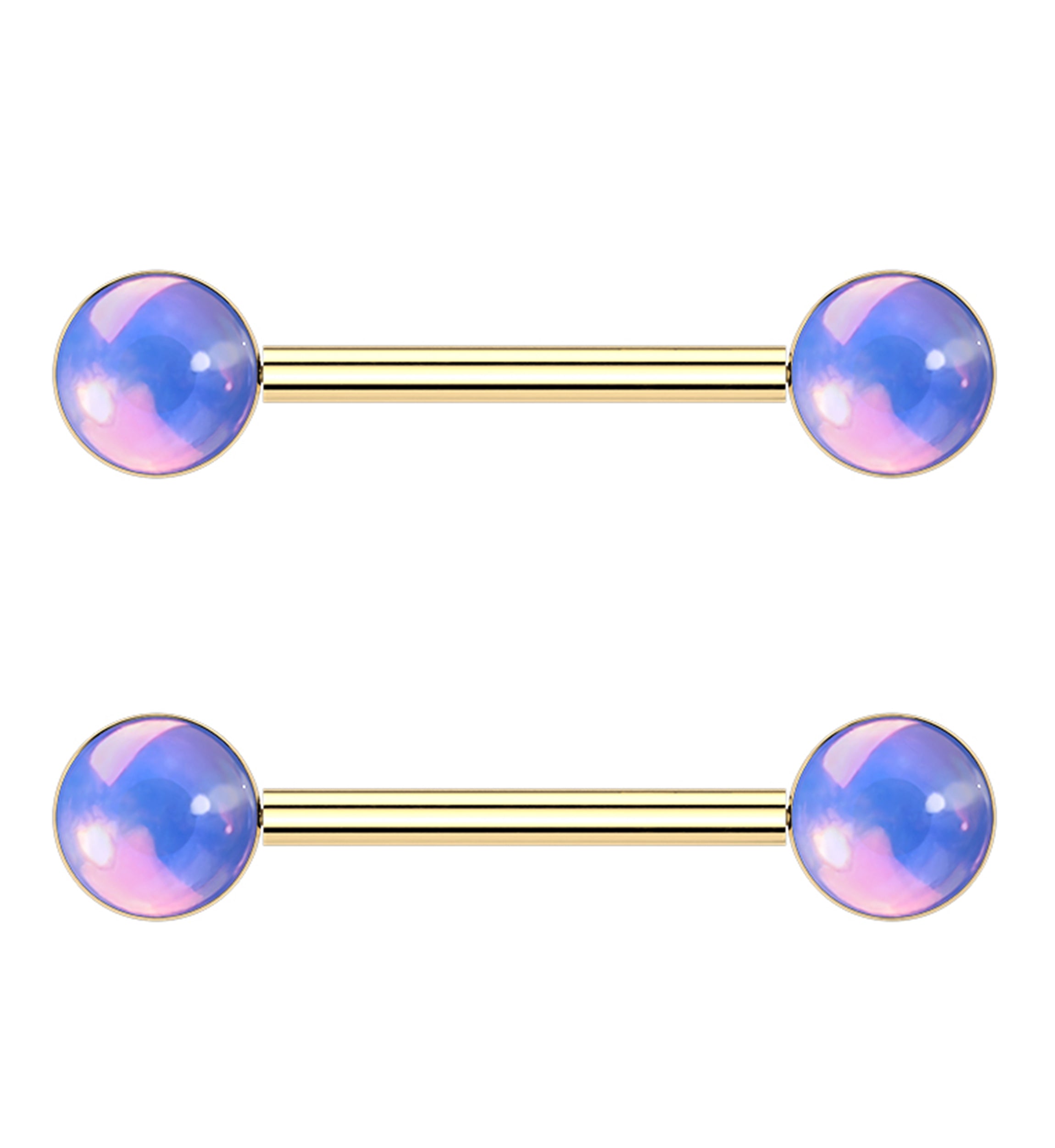 Gold PVD Blue Iridescent Gem Stainless Steel Nipple Ring Barbell