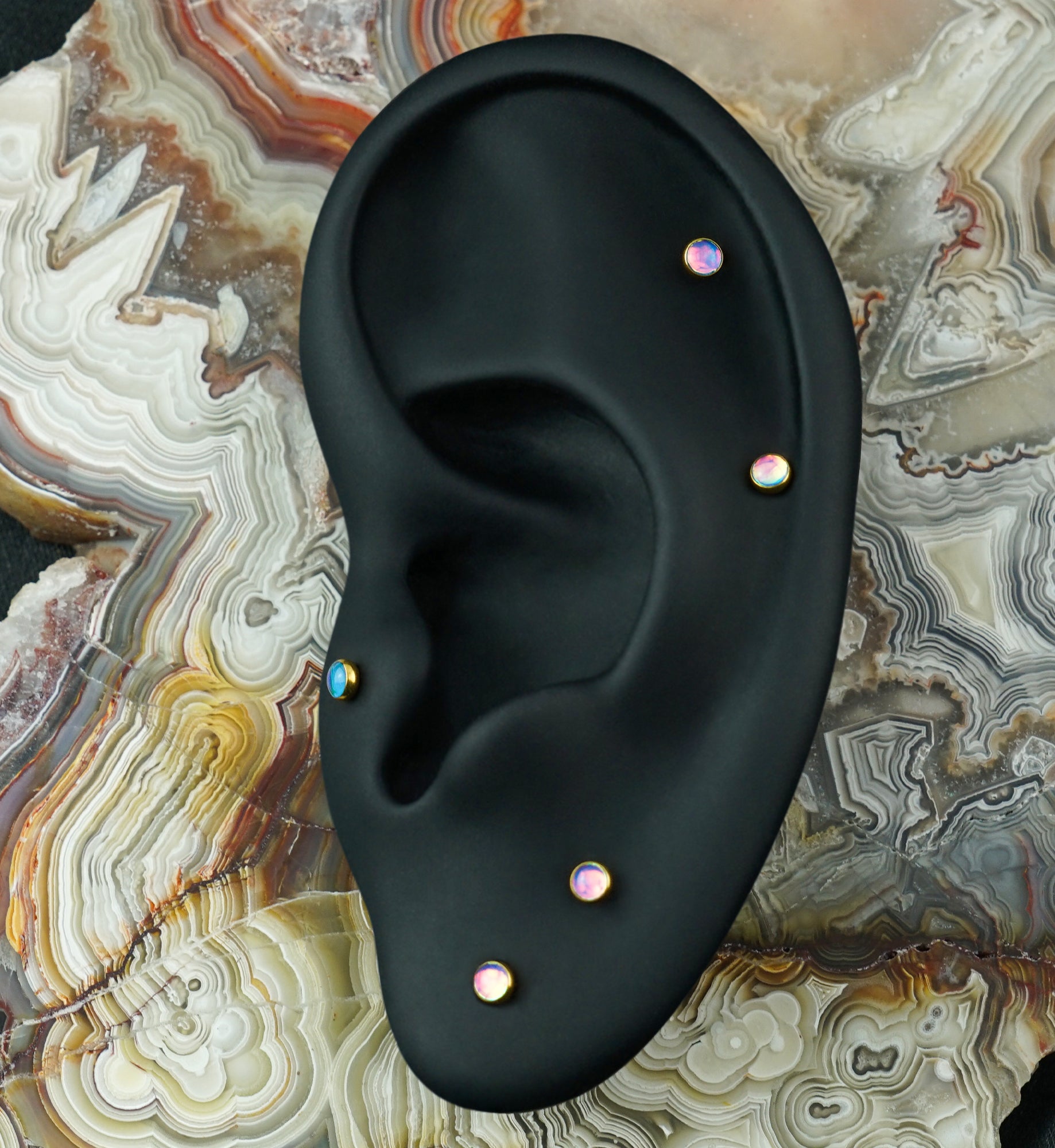 Gold PVD Blue Iridescent Gem Titanium Threadless Top