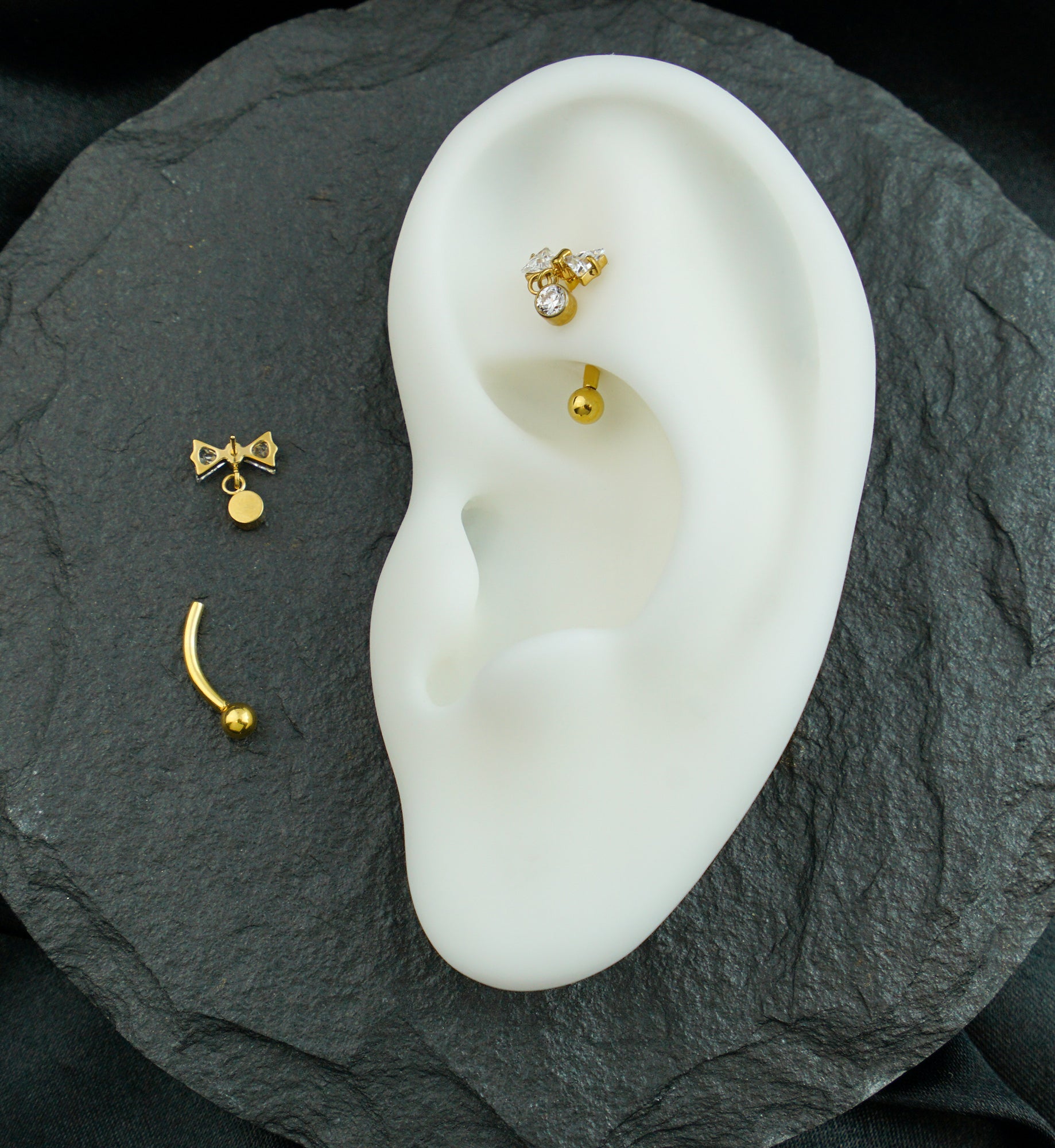 Gold PVD Bow Dangle Clear CZ Threadless Titanium Curved Barbell