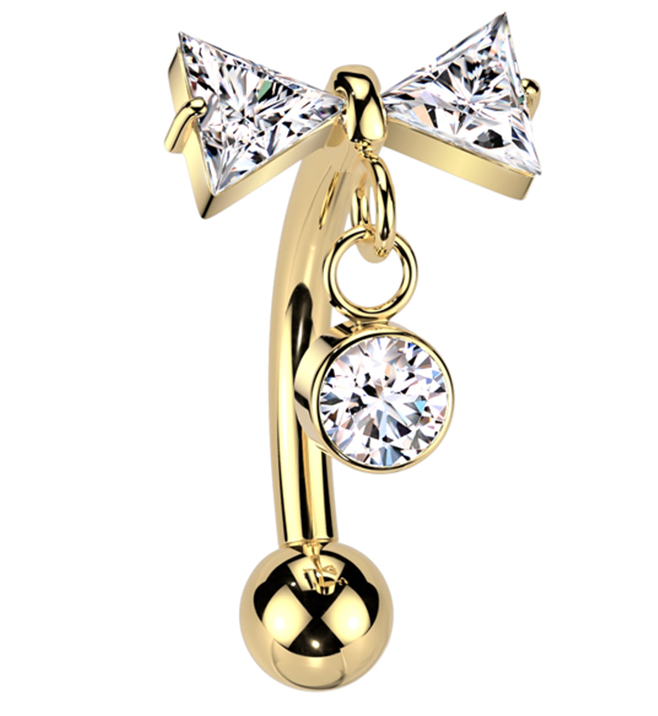 Gold PVD Bow Dangle Clear CZ Threadless Titanium Curved Barbell