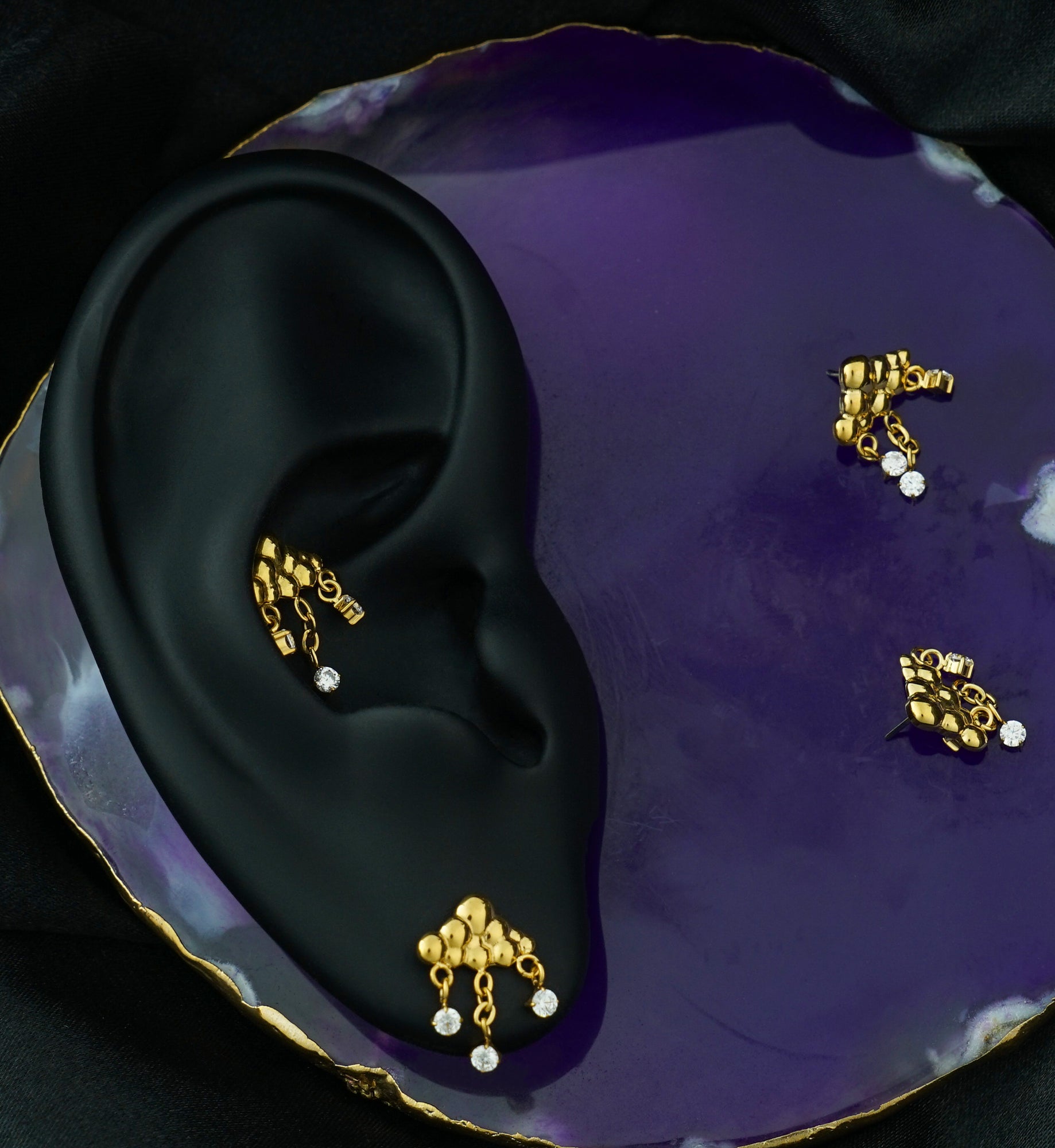 Gold PVD Bubble Cloud Dangle Clear CZ Titanium Threadless Top