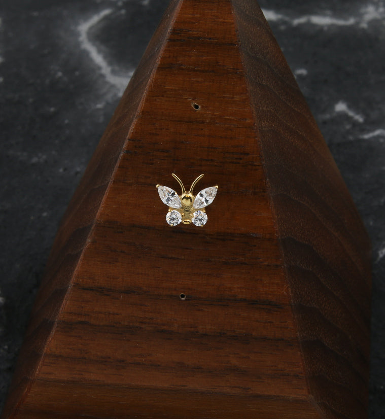 Gold PVD Butterfly Antennae Clear CZ Titanium Threadless Top