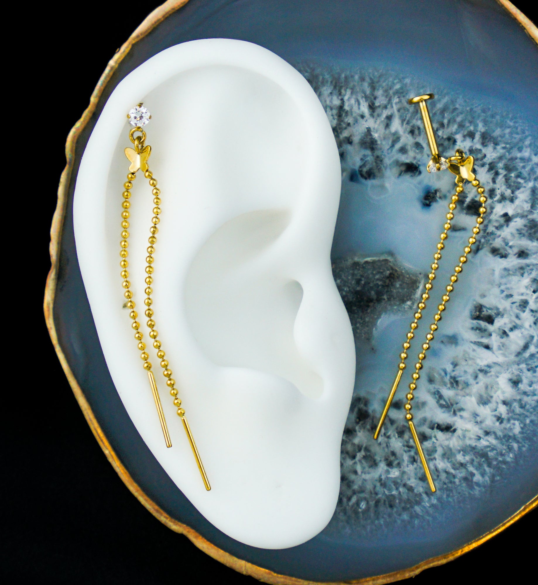 Gold PVD Butterfly Beaded Dangle Chain Stainless Steel Internally Threaded Labret