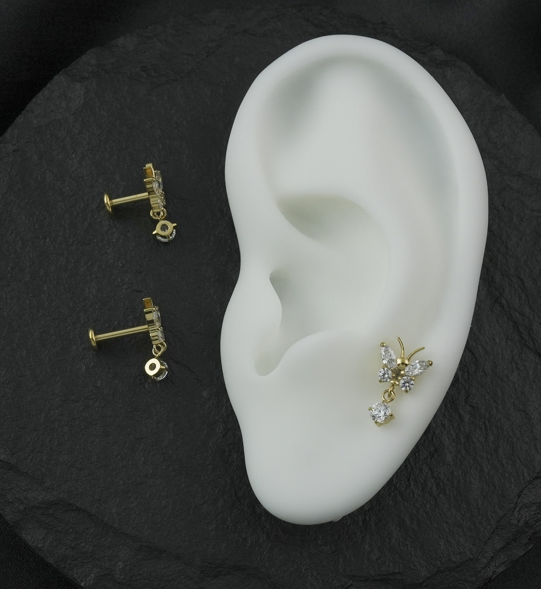 Gold PVD Butterfly Clear CZ Dangle Internally Threaded Titanium Labret