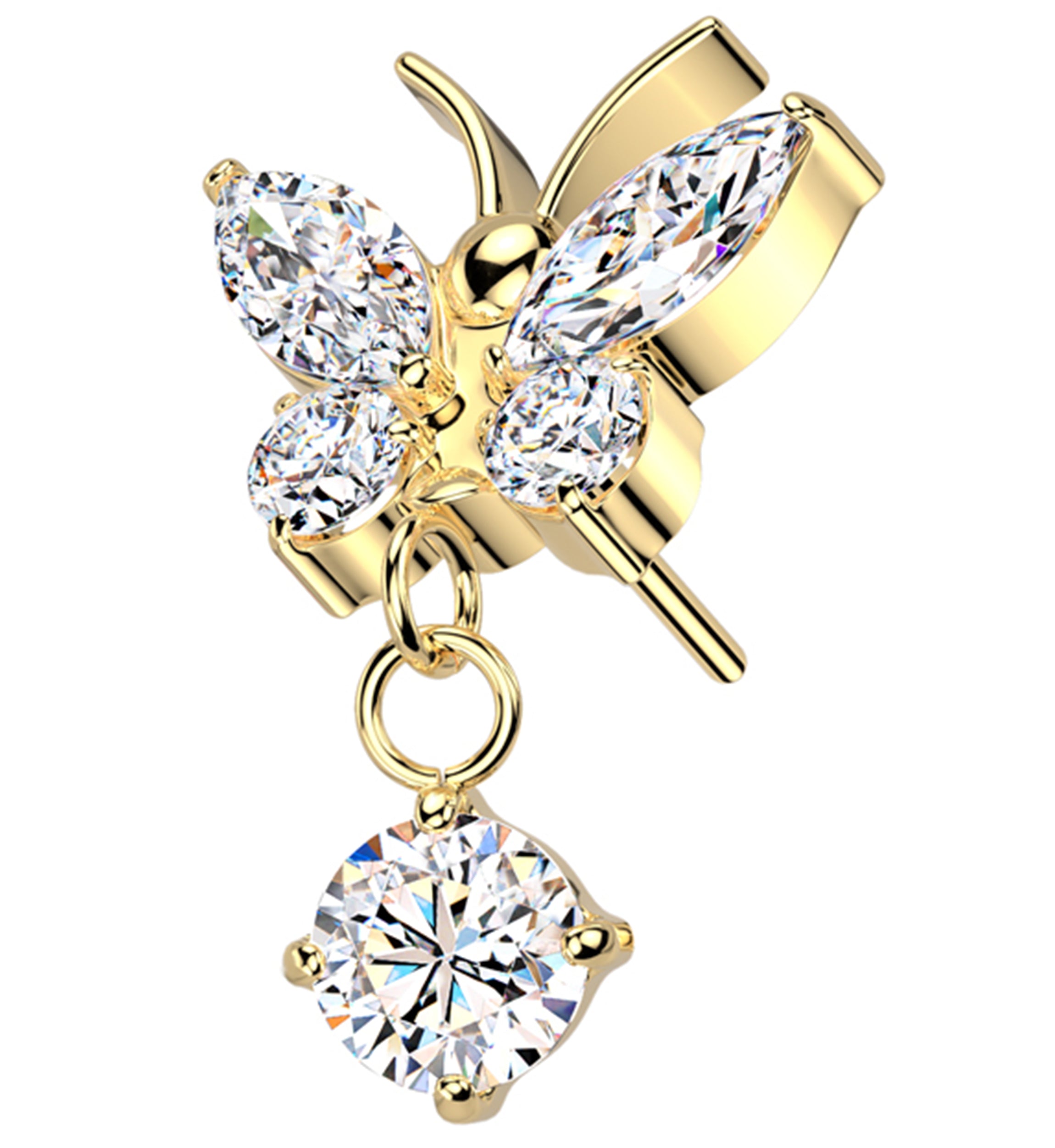 Gold PVD Butterfly Clear CZ Dangle Titanium Threadless Top