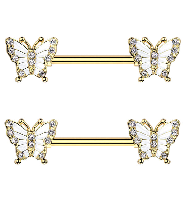 Gold PVD Butterfly Pave CZ Stainless Steel Nipple Barbell