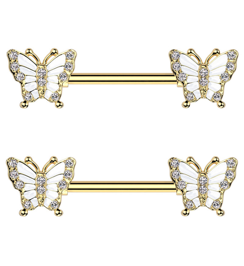Gold PVD Butterfly Pave CZ Stainless Steel Nipple Barbell