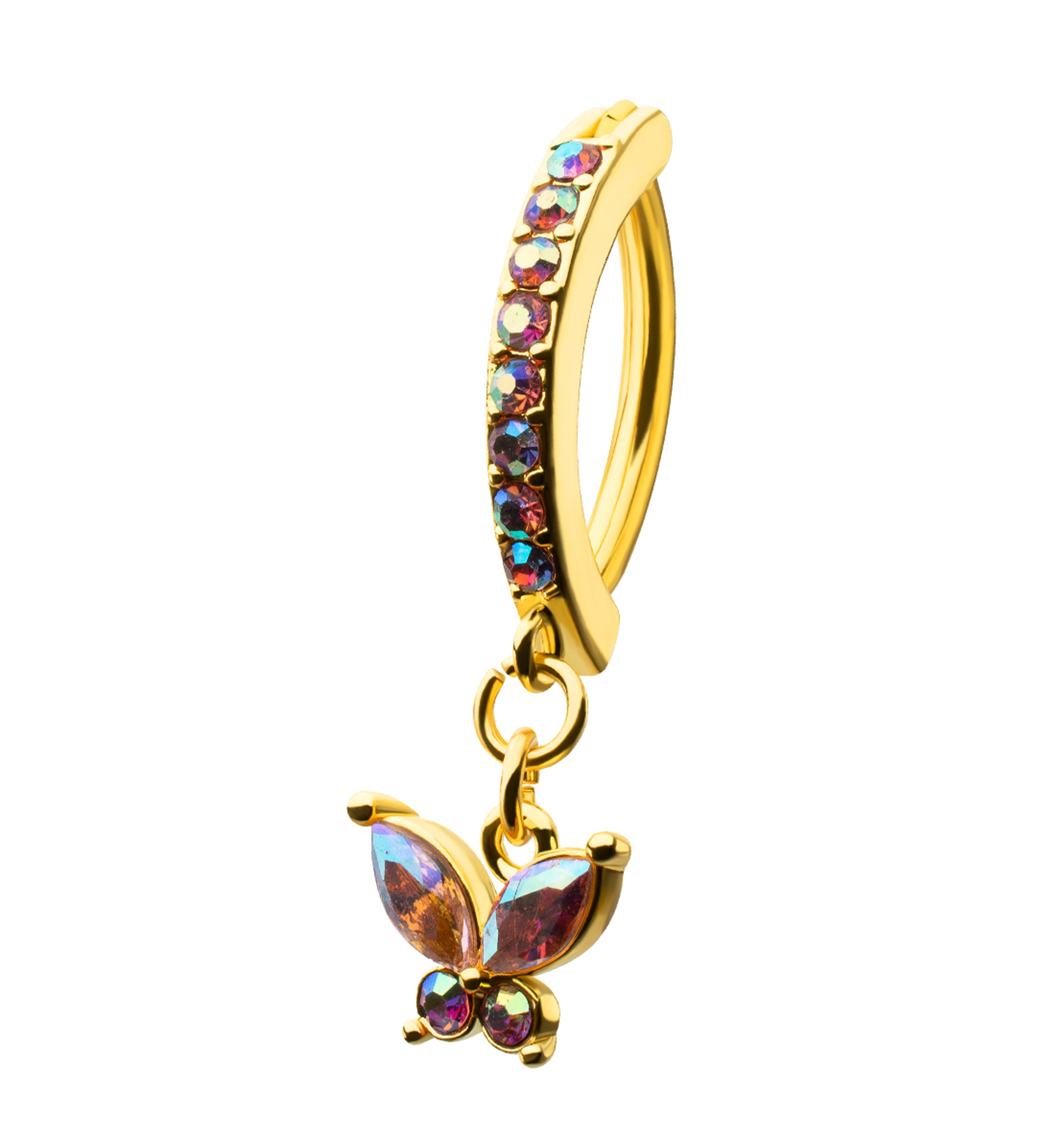 Gold PVD Butterfly Pink Aurora CZ Dangle Stainless Steel Hinged Belly Button Ring