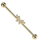 Gold PVD Butterfly Trio Clear CZ Stainless Steel Industrial Barbell