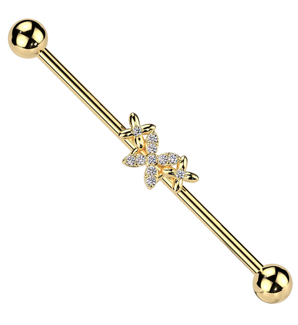 Gold PVD Butterfly Trio Clear CZ Stainless Steel Industrial Barbell