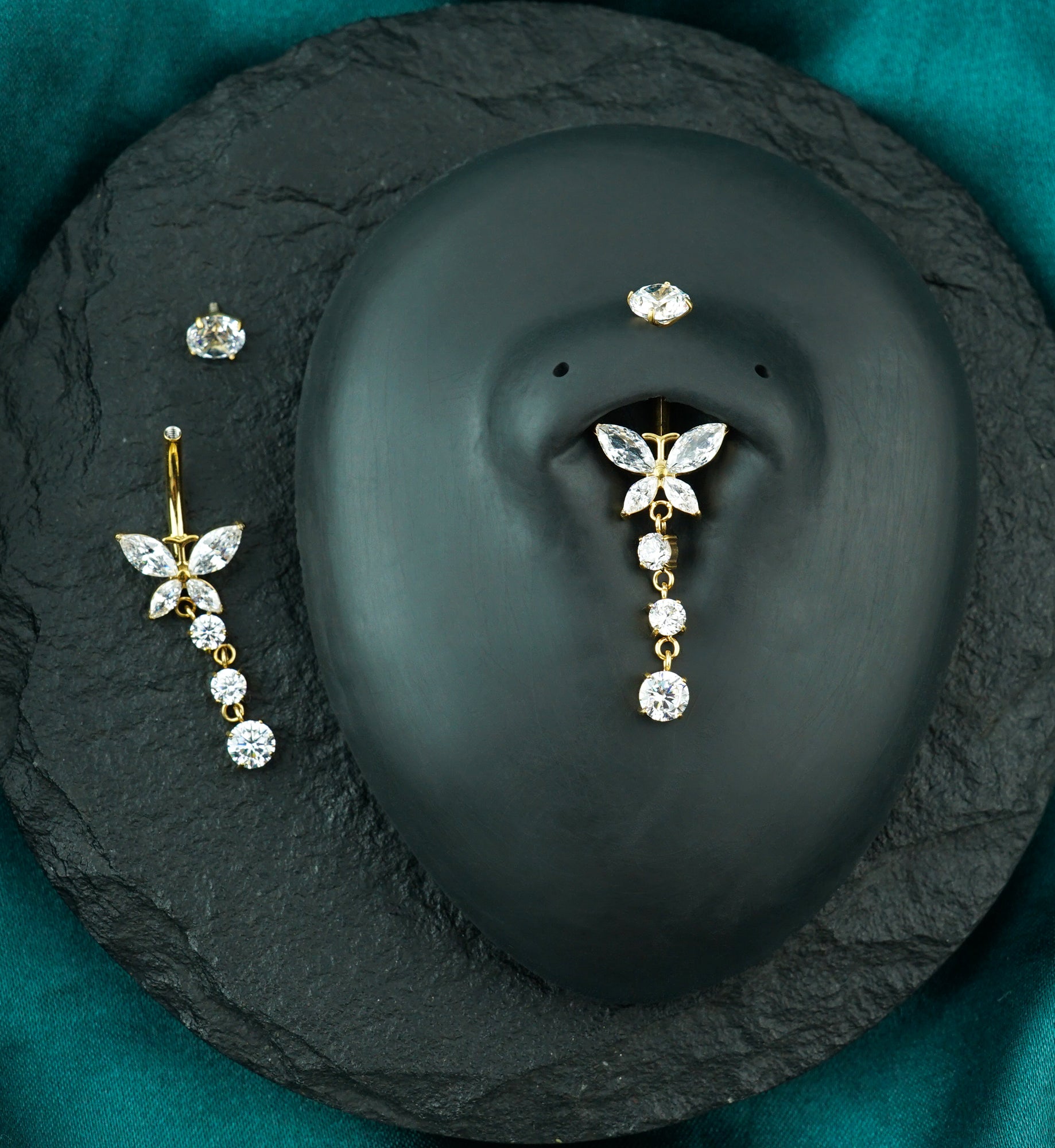 Gold PVD Butterfly Triple Dangle Clear CZ Titanium Internally Threaded Belly Button Ring