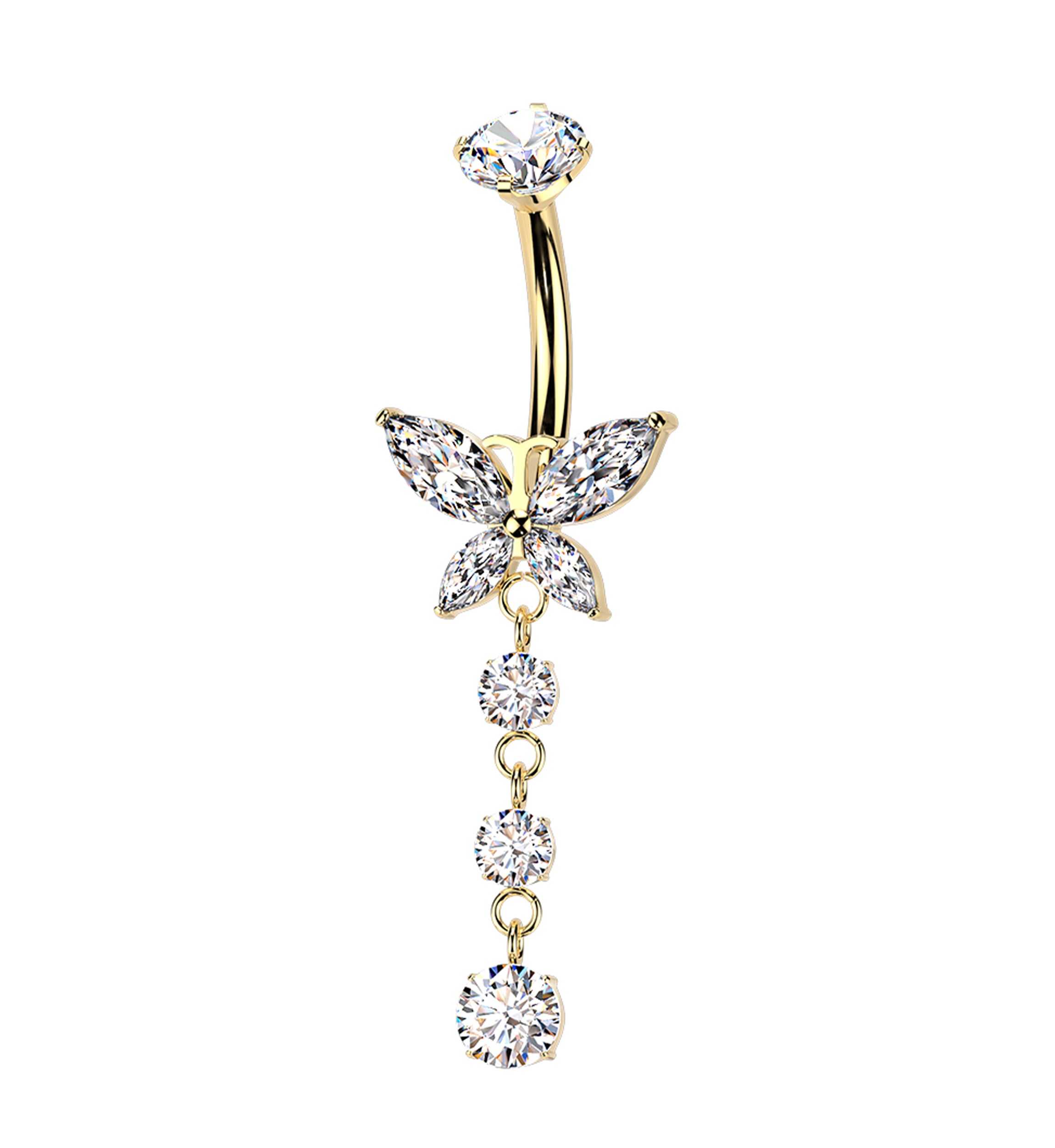 Gold PVD Butterfly Triple Dangle Clear CZ Titanium Internally Threaded Belly Button Ring