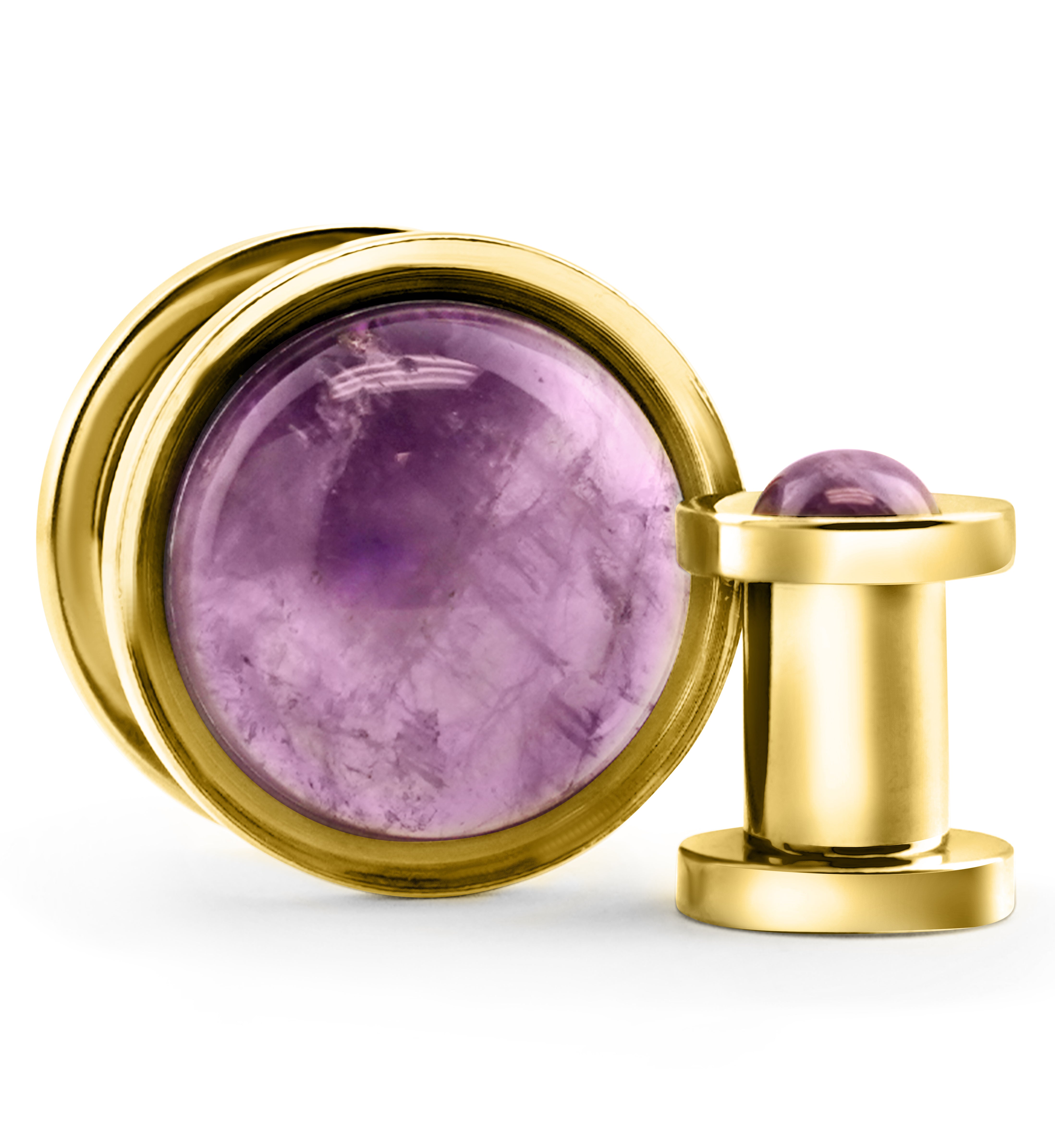 Gold PVD Cabochon Amethyst Stainless Steel Screw Back Tunnel Plugs