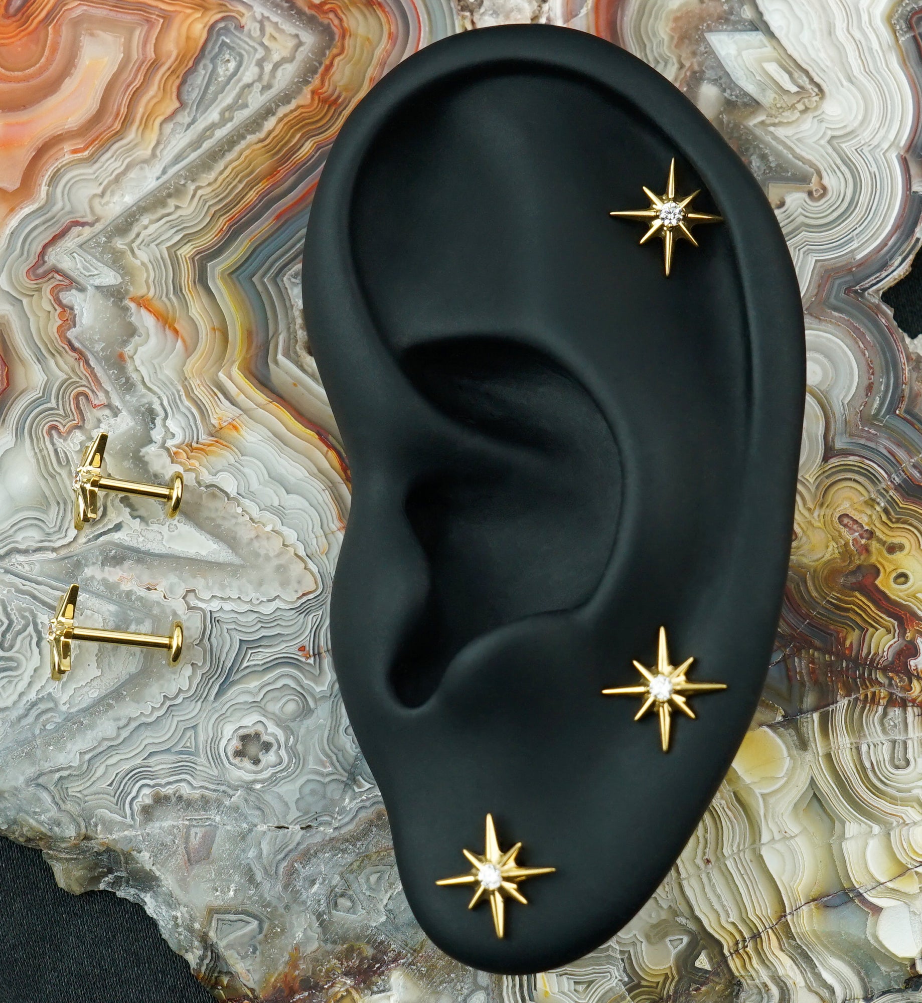 Gold PVD Cardinal Points CZ Titanium Internally Threaded Labret