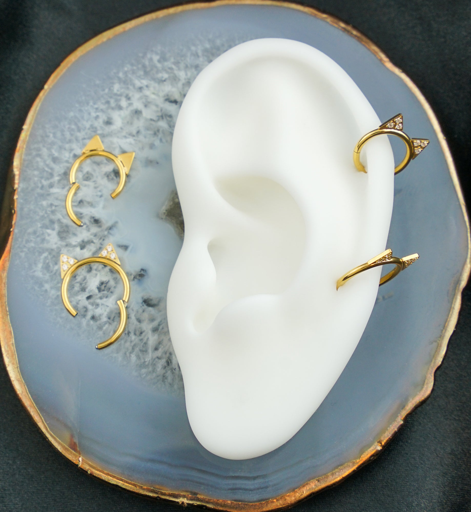 Gold PVD Cat Ears Clear CZ Titanium Hinged Segment Ring