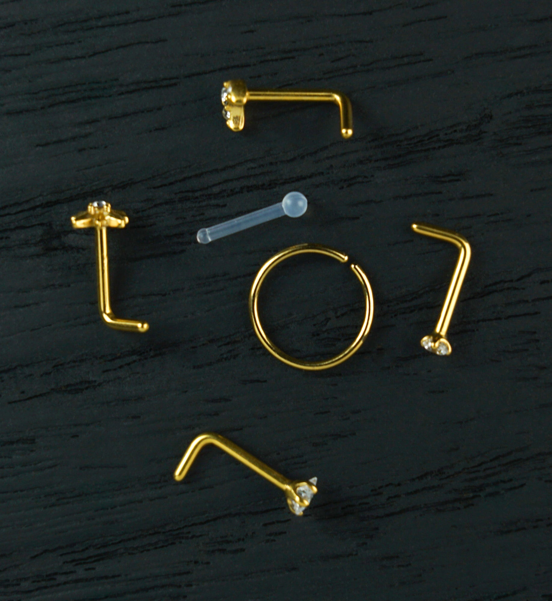 Gold PVD Celestial Clear CZ Stainless Steel L Bend/Stud/Hoop Variety Pack (6 Pack)