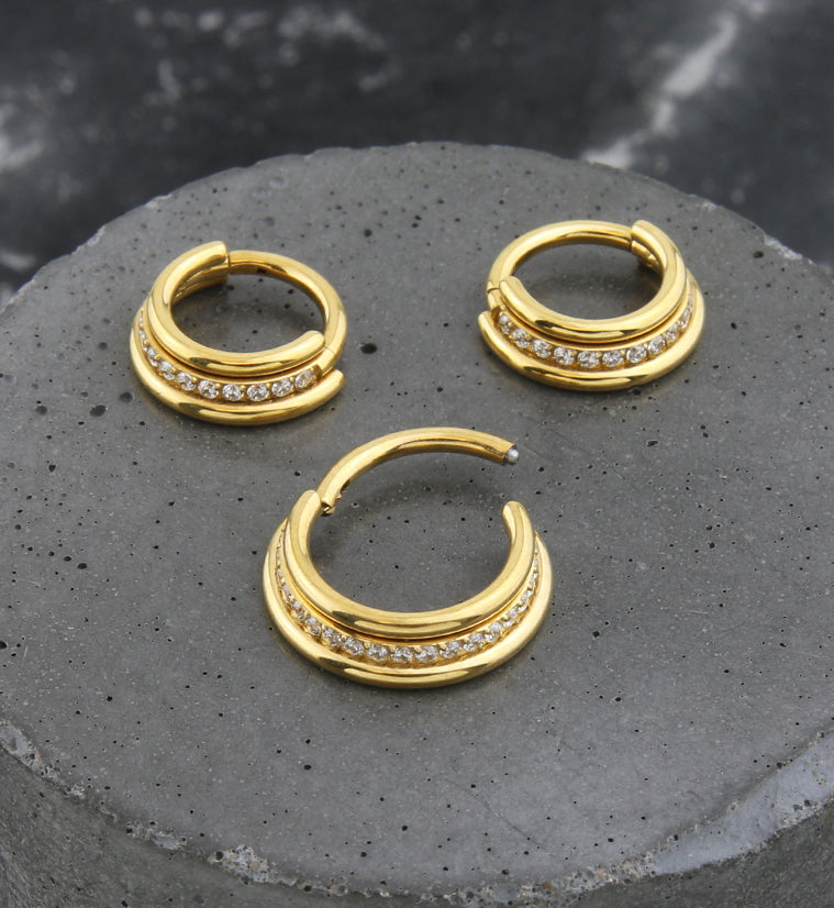 Gold PVD Center Clear CZ Row Stainless Steel Hinged Segment Ring