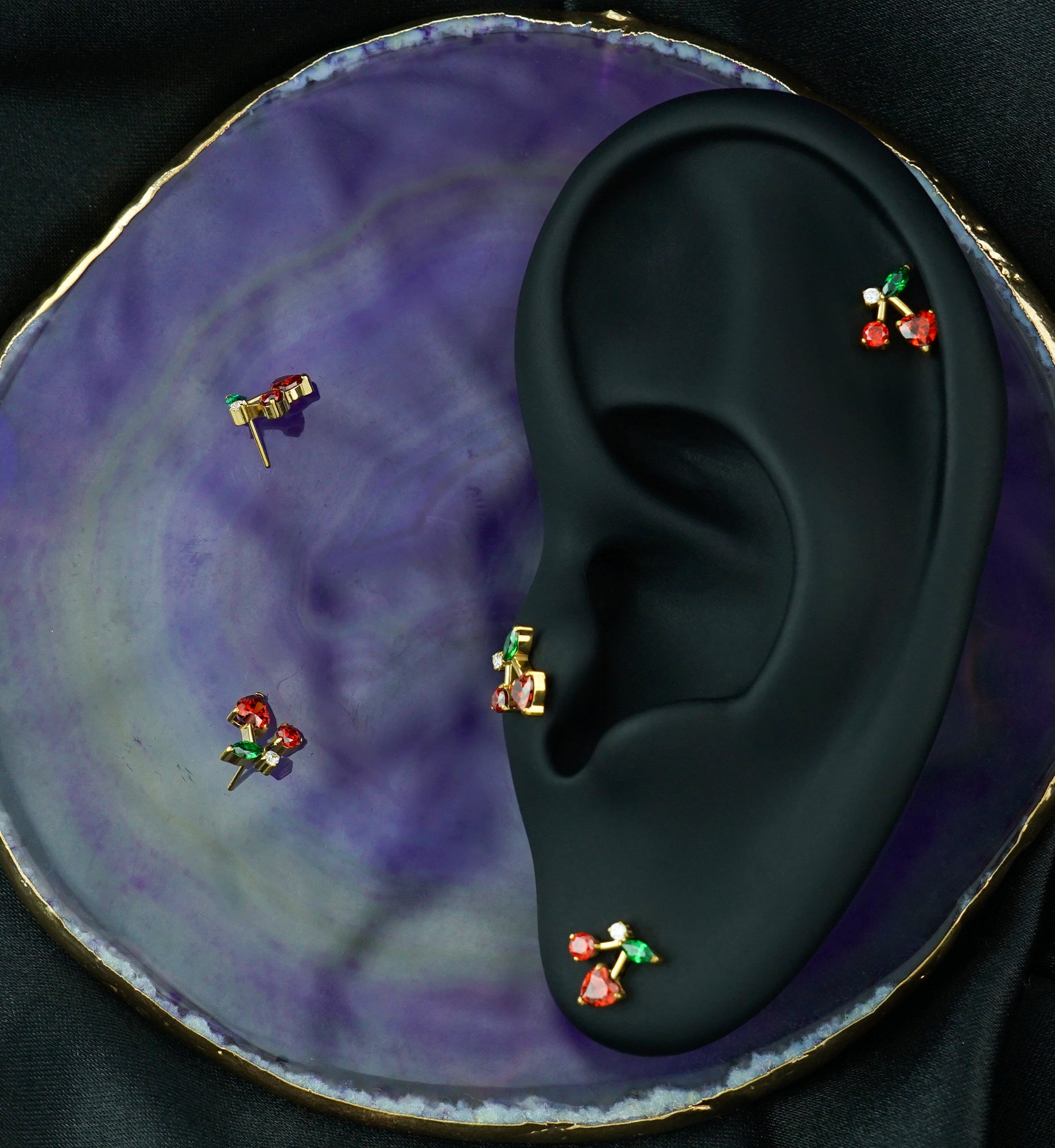 Gold PVD Cherry Heart Red CZ Threadless Titanium Top