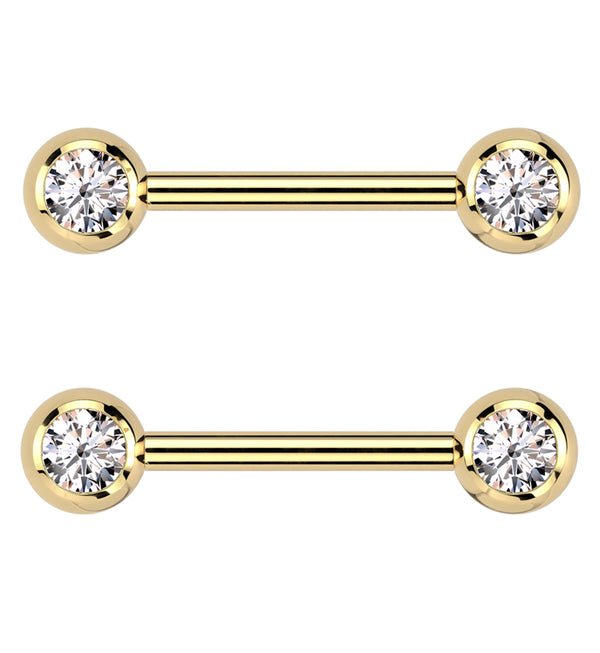 Gold PVD Clear CZ Ball Internally Threaded Titanium Nipple Barbells