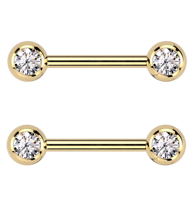 Gold PVD Clear CZ Ball Internally Threaded Titanium Nipple Barbells