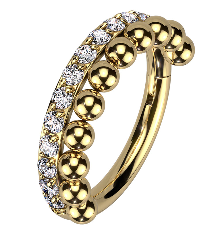 Gold PVD Clear CZ Beaded Row Stainless Steel Hinged Segment Ring
