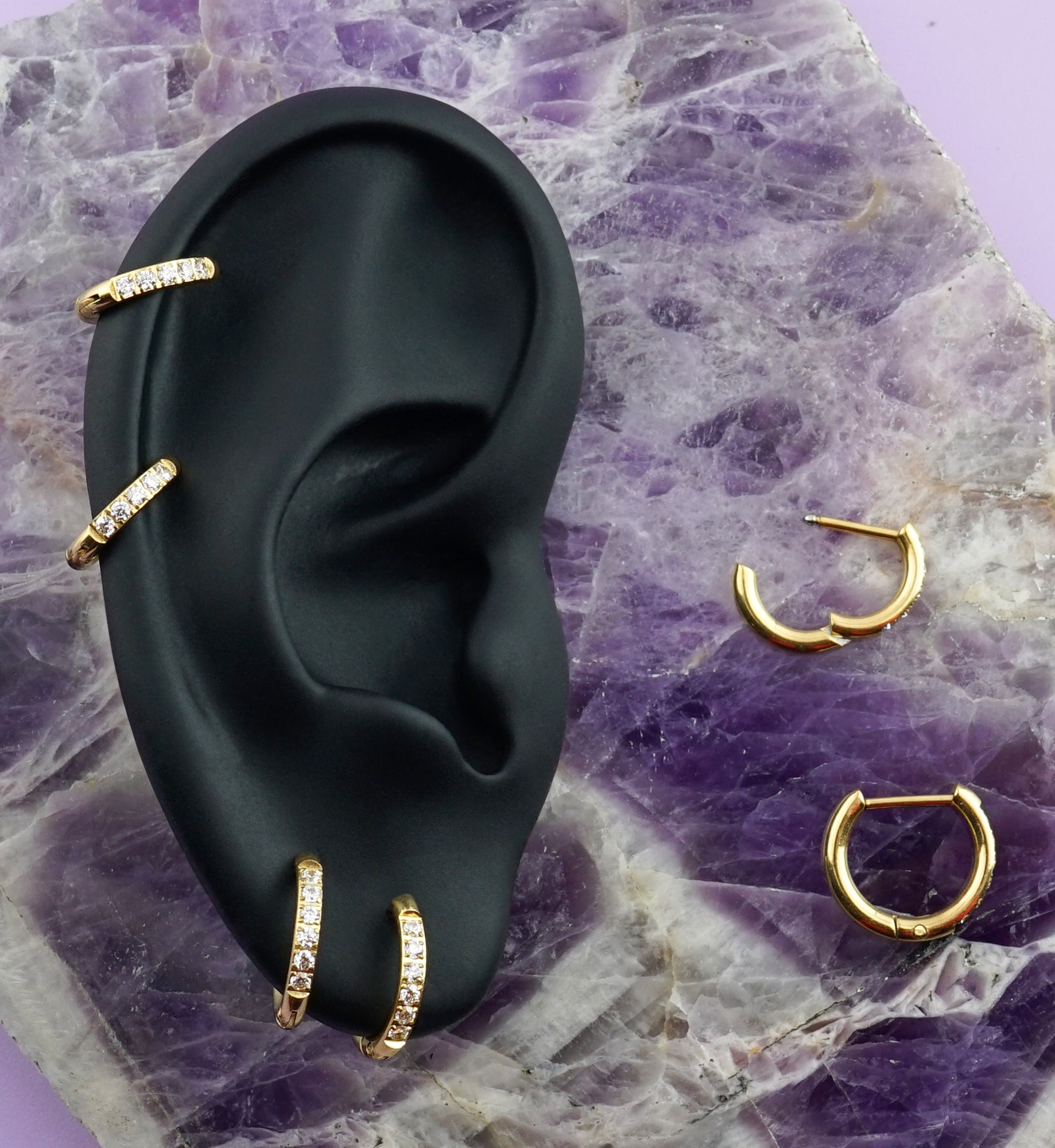 Gold PVD Clear CZ D-Shaped Stainless Steel Hinged Hoop Earrings