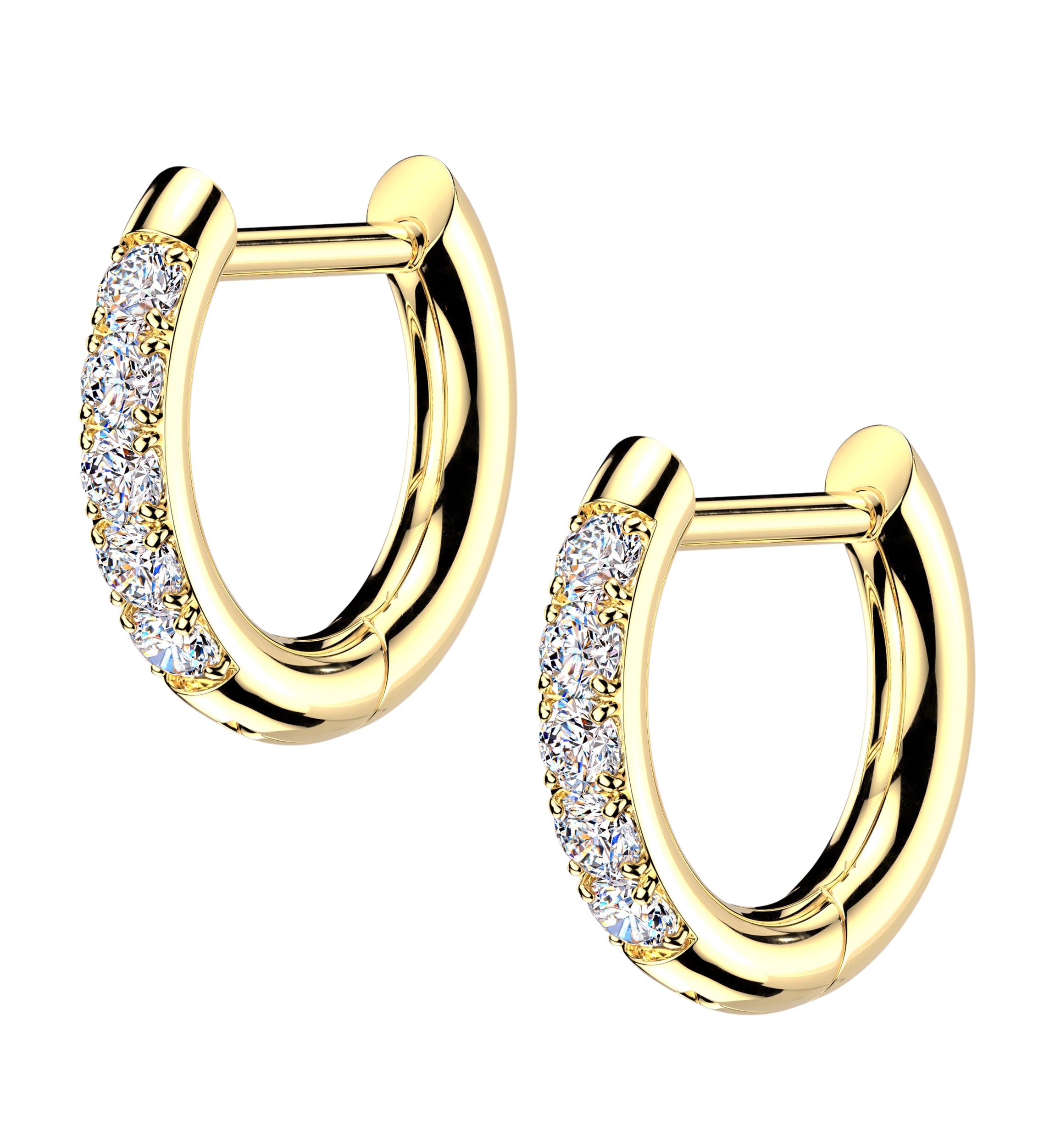 Gold PVD Clear CZ D-Shaped Stainless Steel Hinged Hoop Earrings