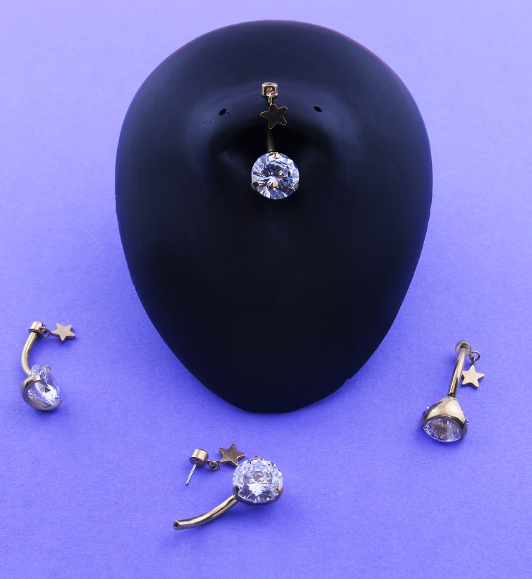 Gold PVD Clear CZ Dangle Star Titanium Threadless Belly Button Ring