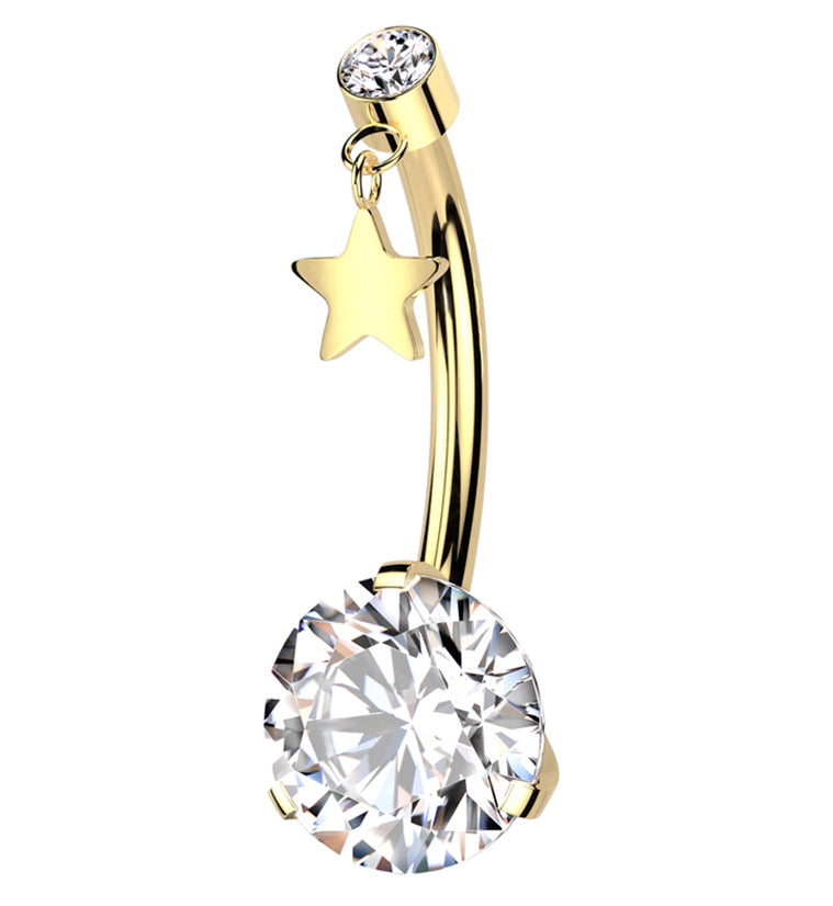 Gold PVD Clear CZ Dangle Star Titanium Threadless Belly Button Ring