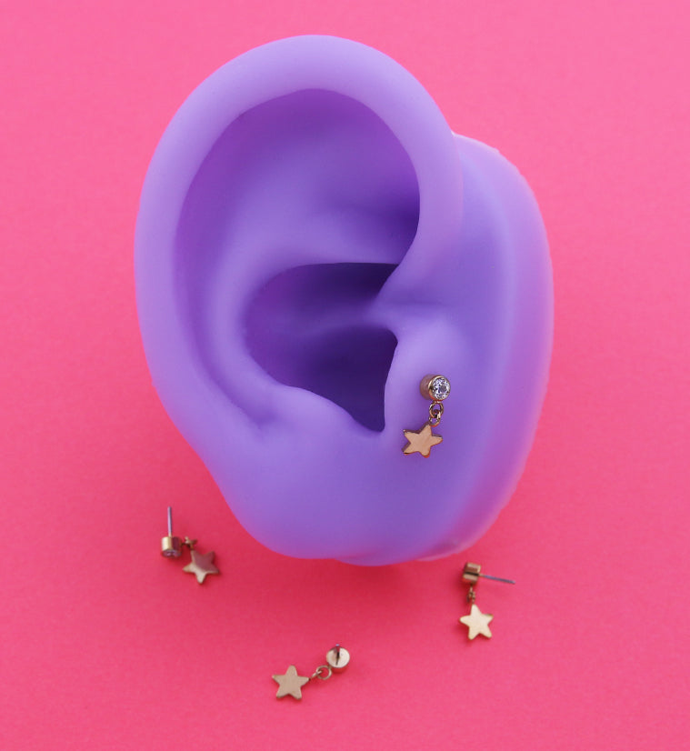 Gold PVD Clear CZ Dangle Star Titanium Threadless Top