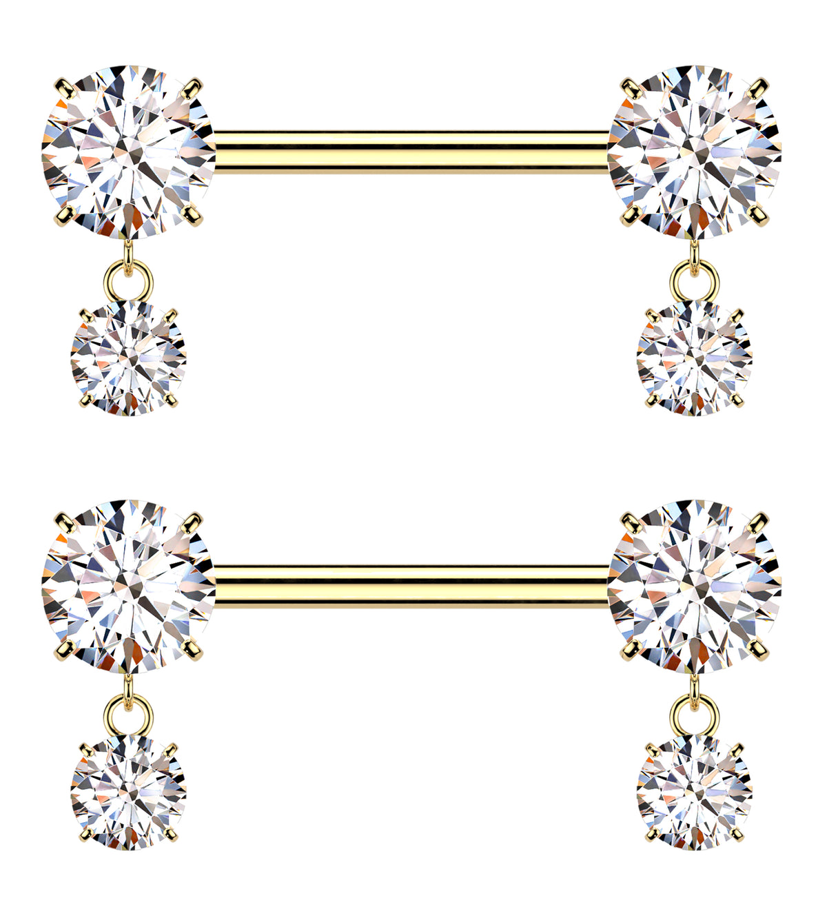 Gold PVD Clear CZ Dangle Titanium Threadless Nipple Barbells
