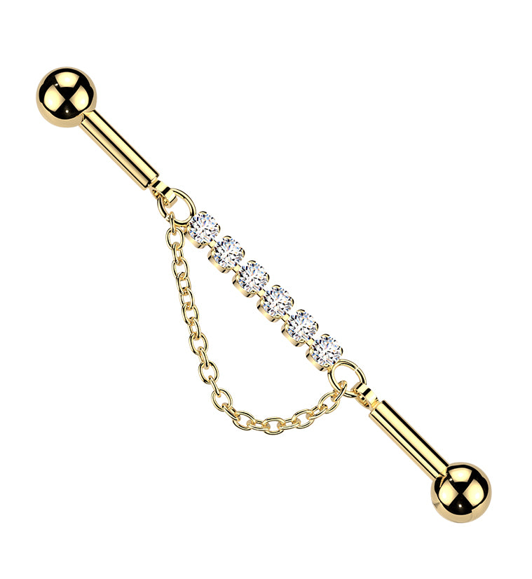 Gold PVD Clear CZ Link Dangle Chain Externally Threaded Stainless Steel Barbell