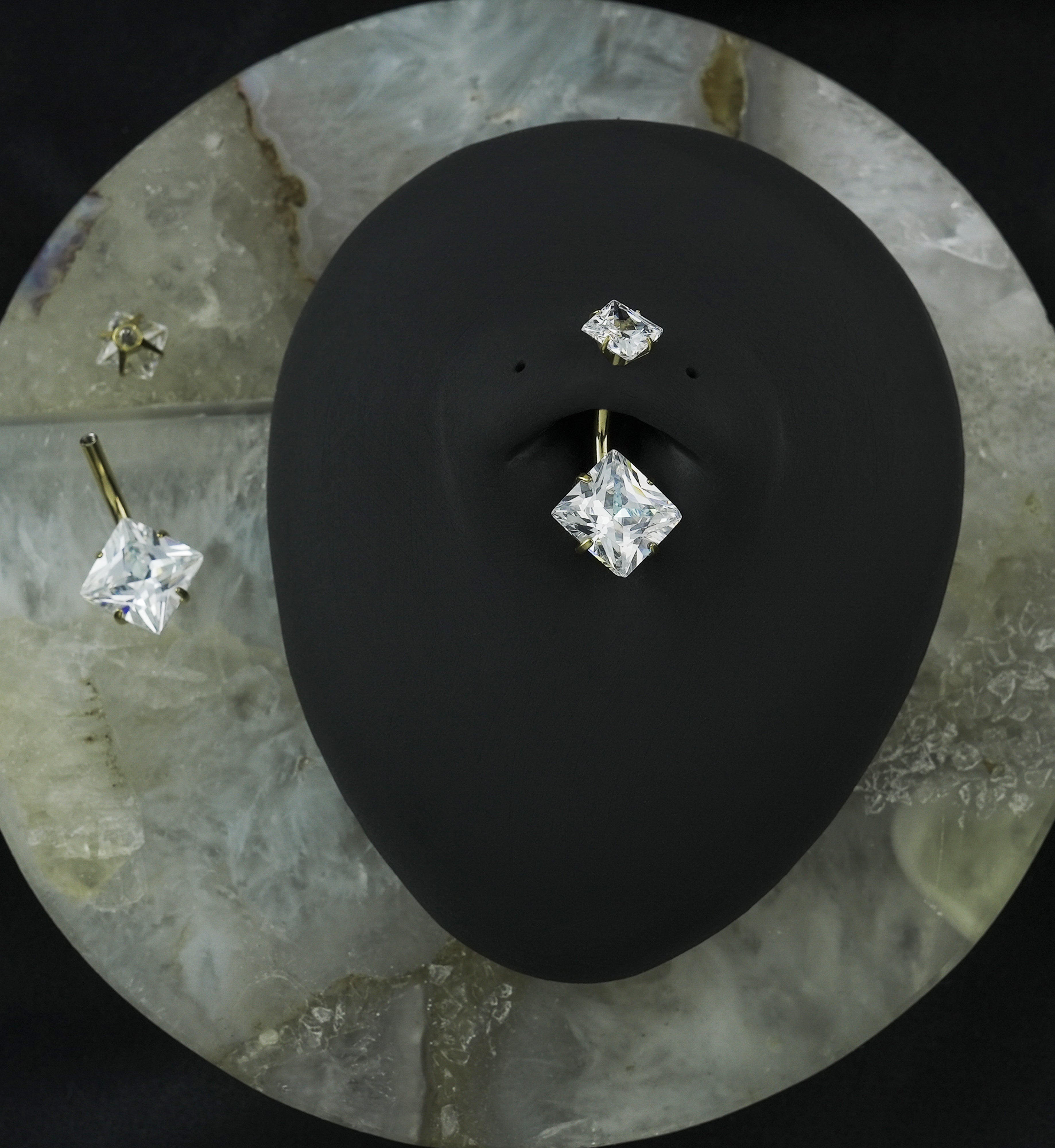 Gold PVD CZ Square Internally Threaded Belly Button Ring