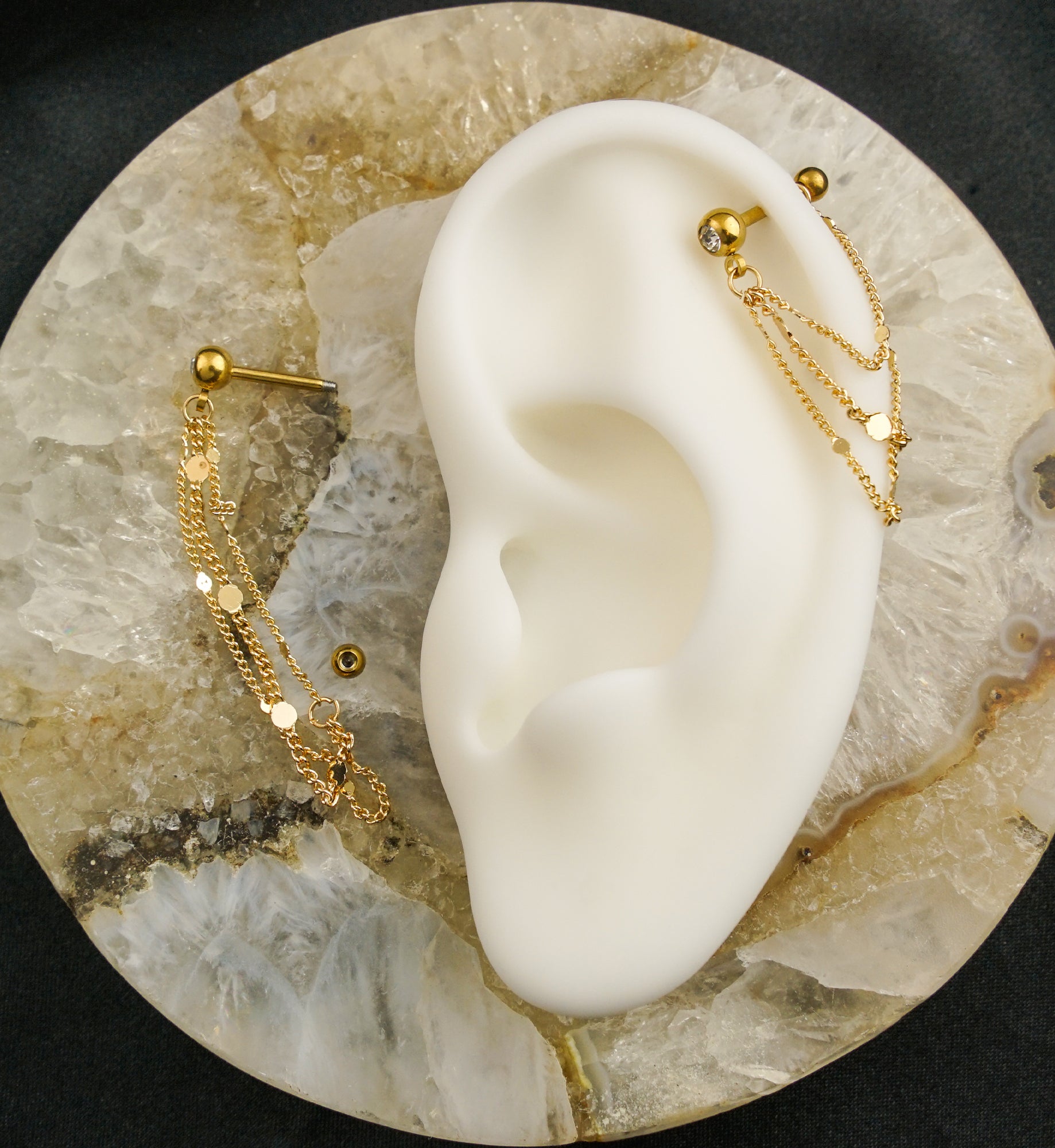 Gold PVD Clear CZ Stainless Steel Flat Disk Dangle Triple Chain