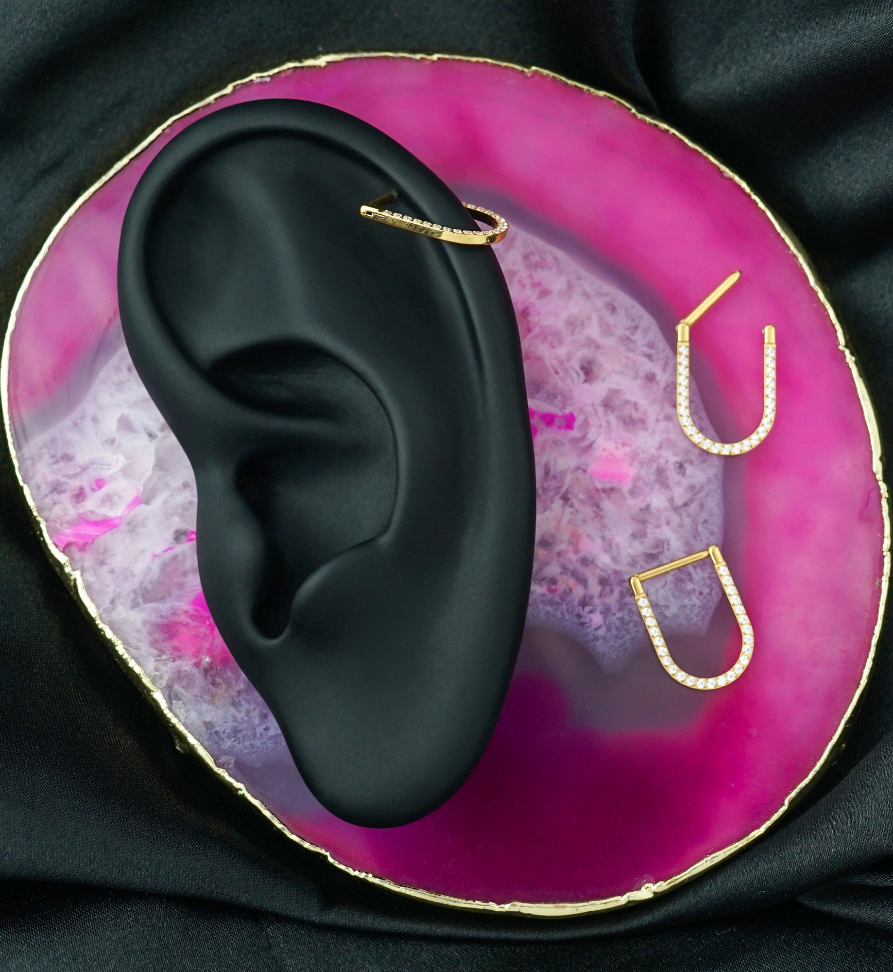 Gold PVD Clear CZ U-Shaped Titanium Hinged Segment Ring