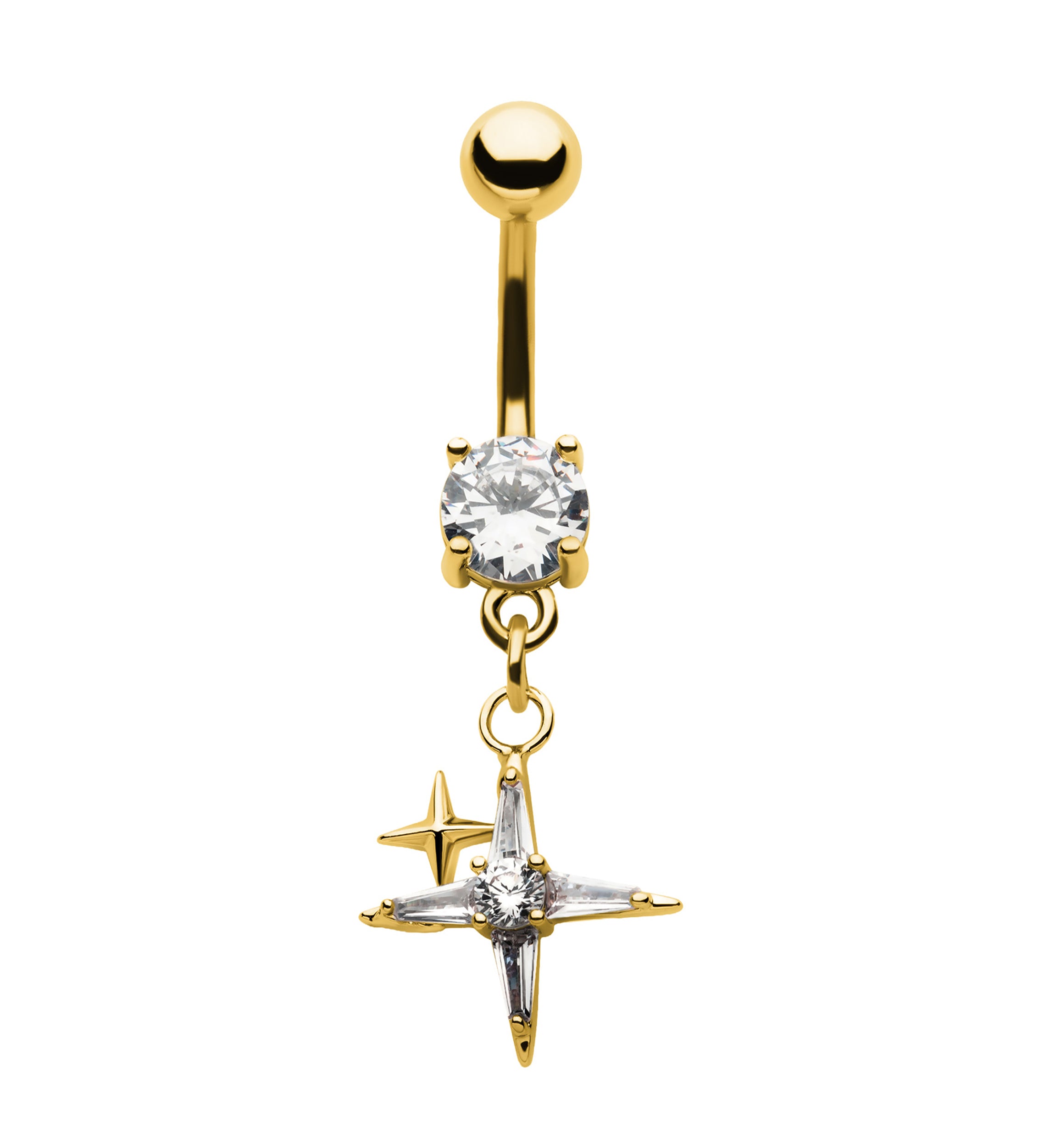 Gold PVD Compass Star Clear CZ Dangle Stainless Steel Belly Button Ring