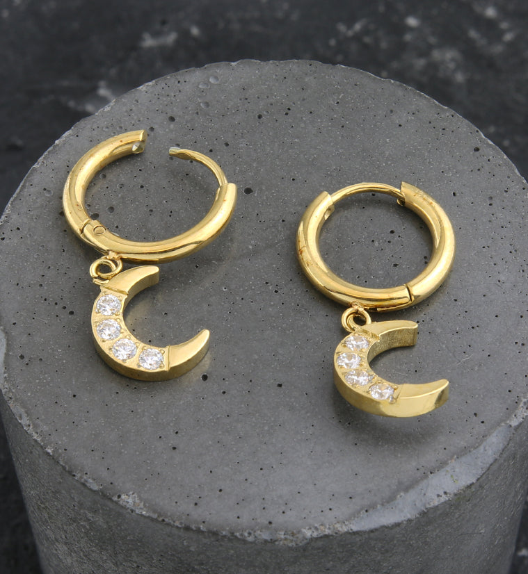 Gold PVD Crescent Moon CZ Dangle Stainless Steel Hinged Hoop Earrings