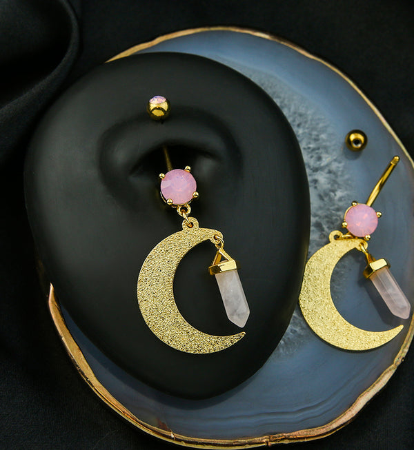 Gold PVD Crescent Moon Rose Quartz Dangle Stainless Steel Belly Button Ring