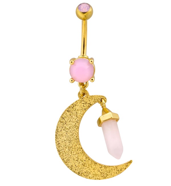 Gold PVD Crescent Moon Rose Quartz Dangle Stainless Steel Belly Button Ring